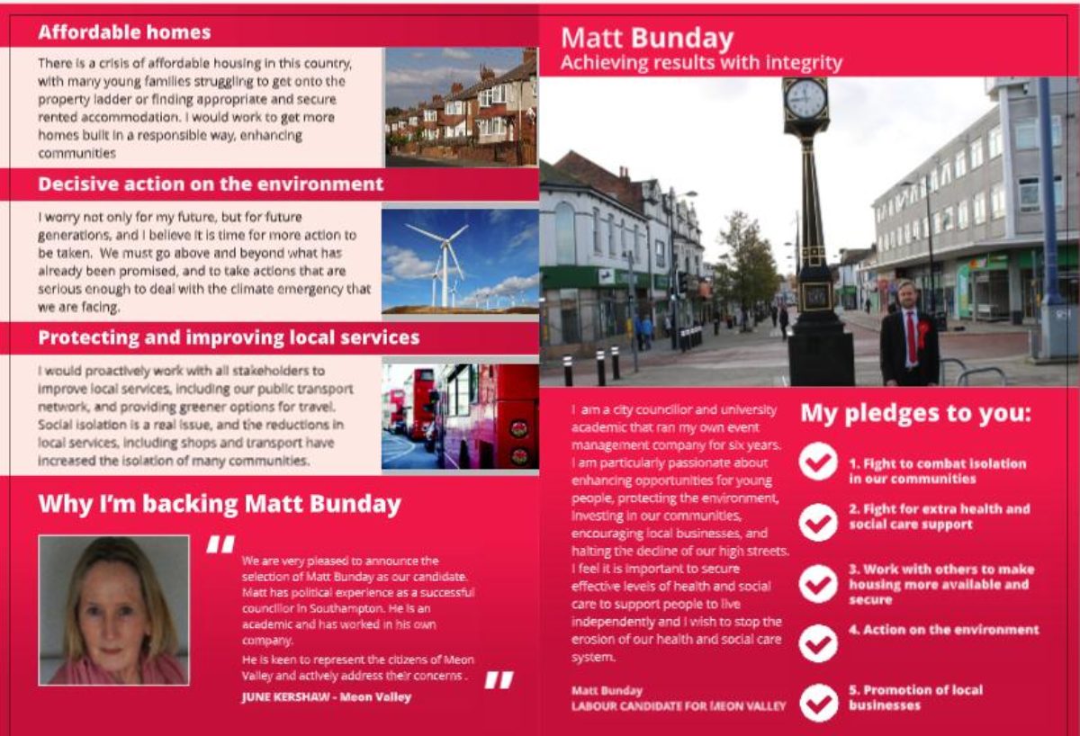 Matt Bunday, General Election 2019, leaflet.